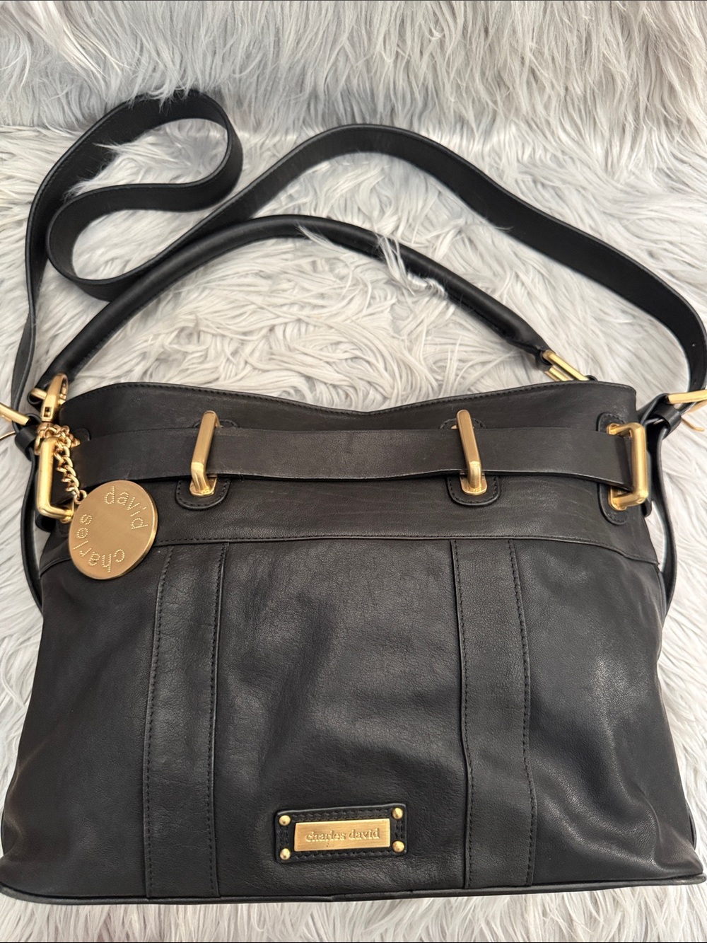 Charles David Black Leather Satchel Crossbody Purse with Gold Hardware